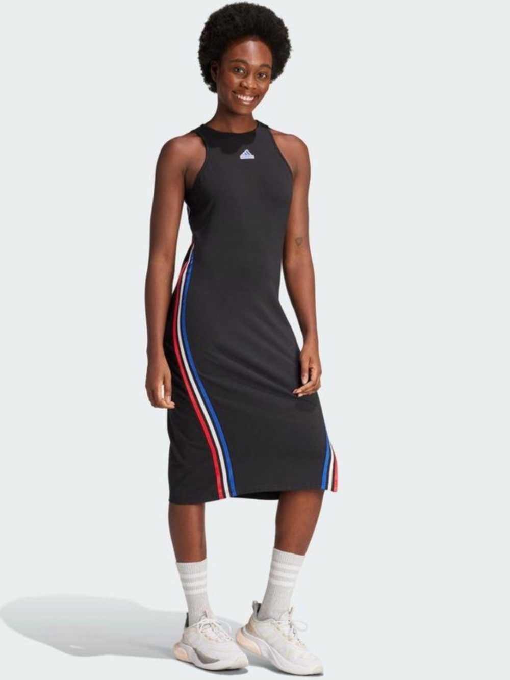 Adidas Black Tank Dress Large Stripe Athleisure USA Soccercore Streetwear FIFA